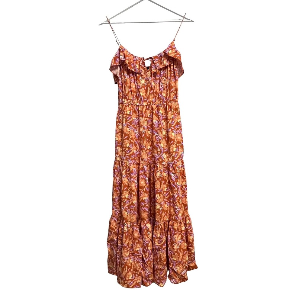J Crew Dress Womens XS Orange Floral Maxi Tiered Ruffle Sleeveless Boho Summer